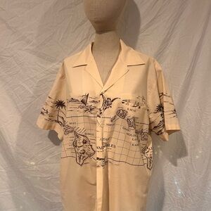 True Vintage Kai Nani Map Print Camp Collar Hawaiian- Cream with Brown Print